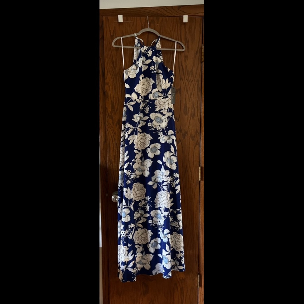 Lulus Blue and White Maxi Halter Dress, size XS NWT